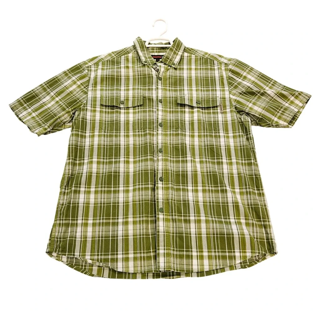 Wolverine Mens Green Plaid Short Sleeve Button Down Work Shirt Large 100% Cotton